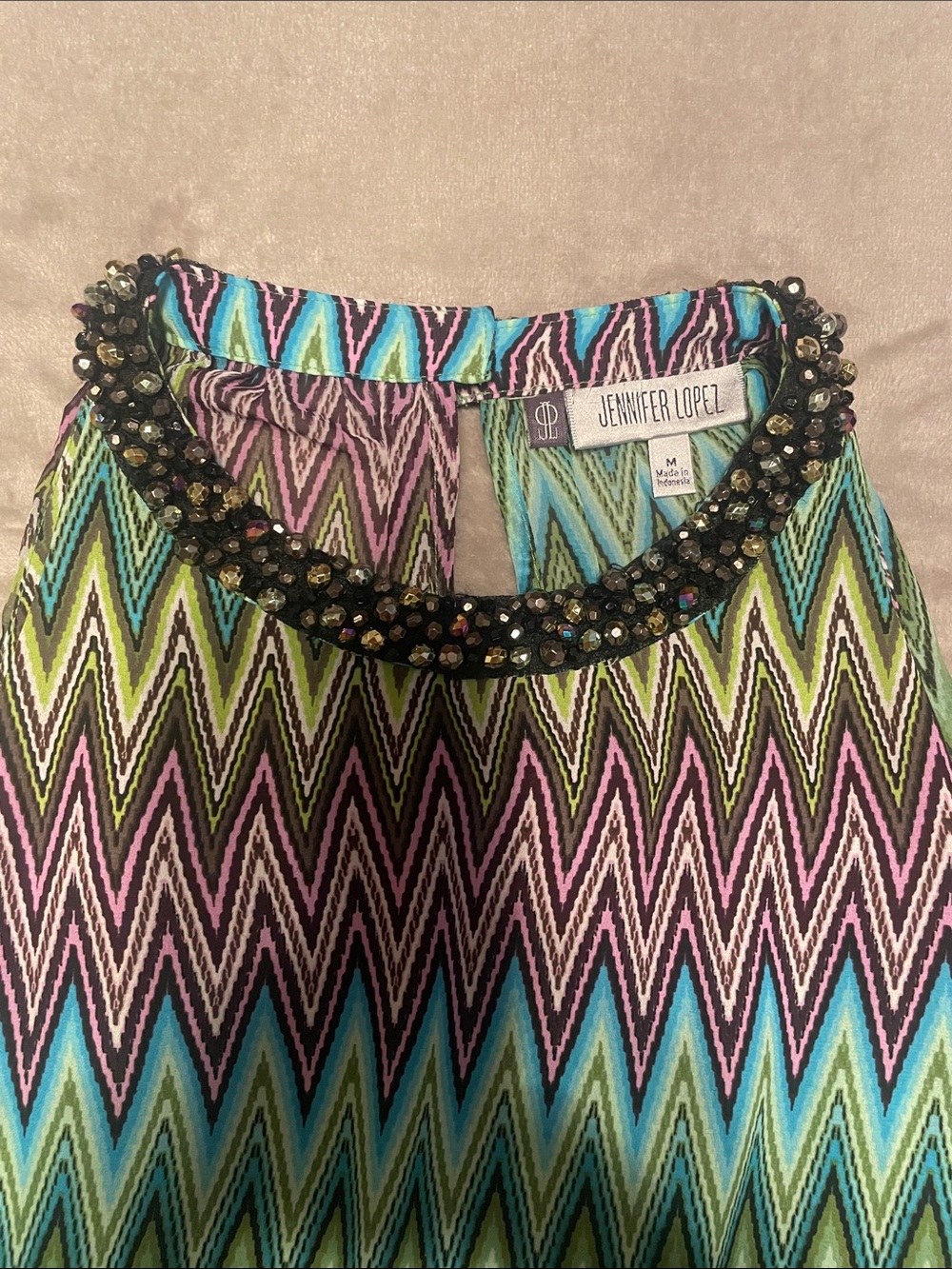 Jennifer Lopez Beaded-Neck Chevron Tank in Aqua, Lime & Purple - Picture 2 of 3